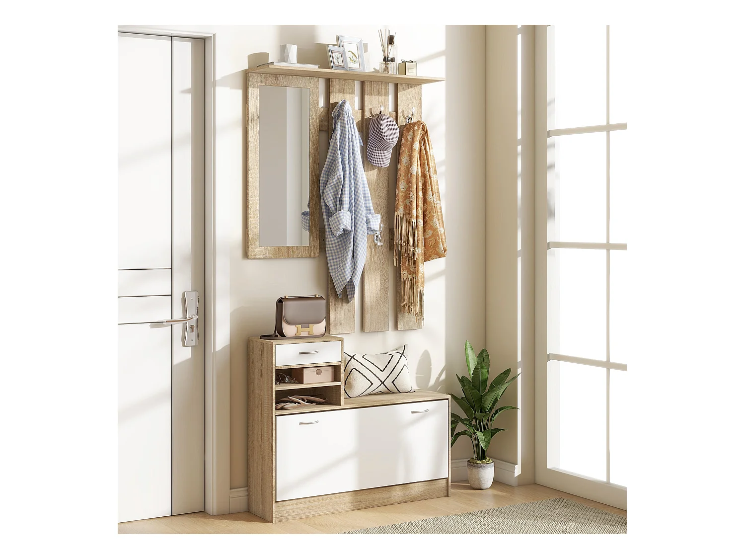 Conjunto Dhyana Branco/Carvalho - Móvel de Entrada com Espelho, Cabide e Sapateira Moderno