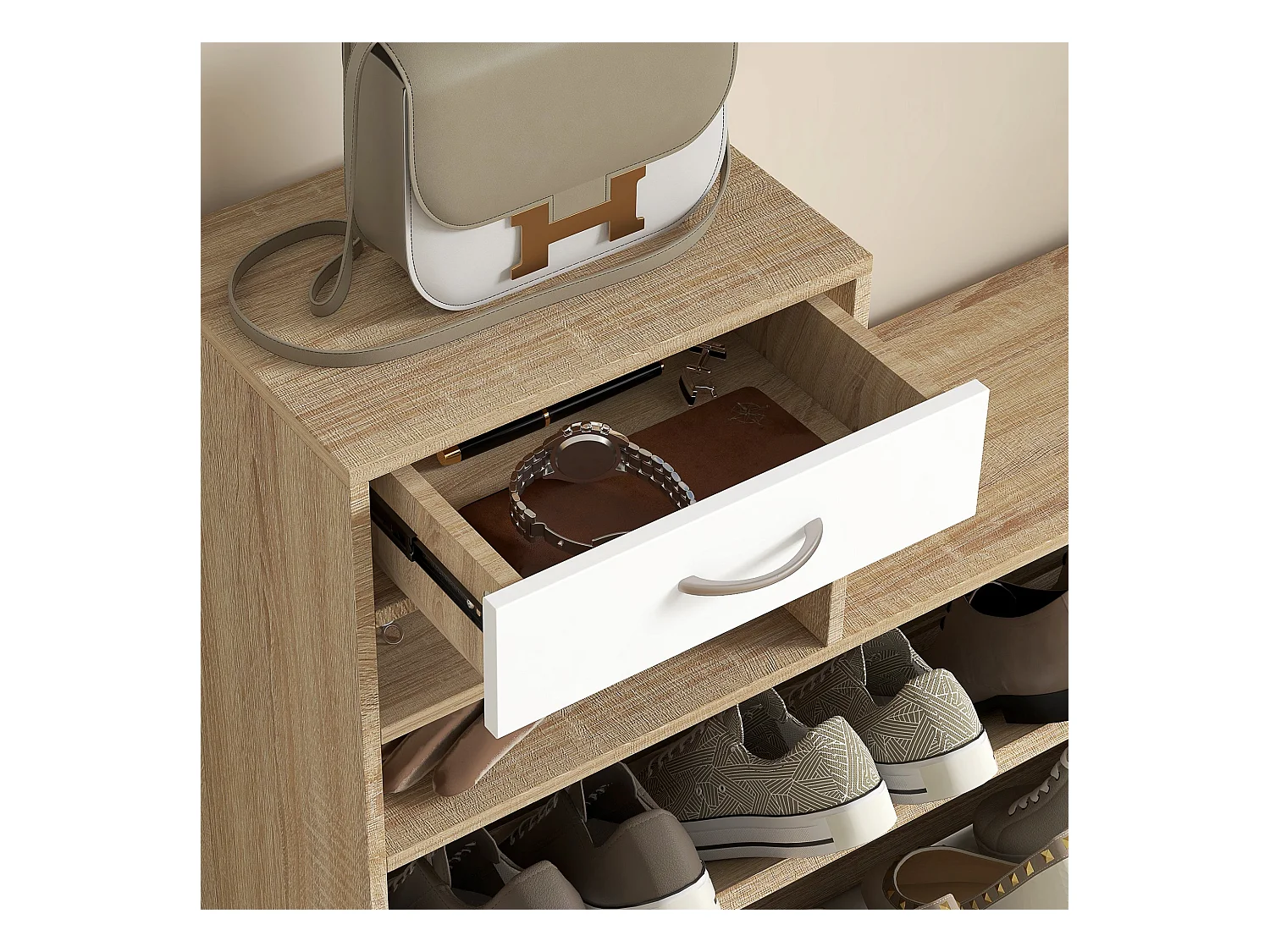 Conjunto Dhyana Branco/Carvalho - Móvel de Entrada com Espelho, Cabide e Sapateira Moderno