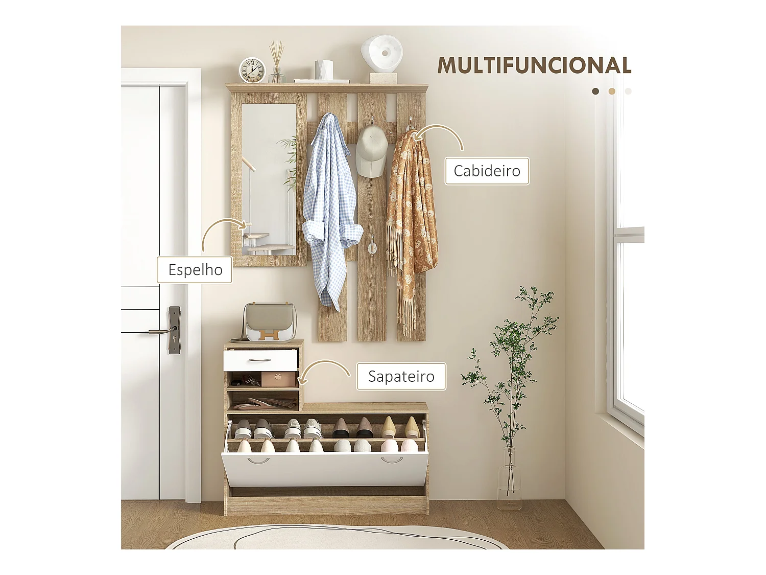 Conjunto Dhyana Branco/Carvalho - Móvel de Entrada com Espelho, Cabide e Sapateira Moderno