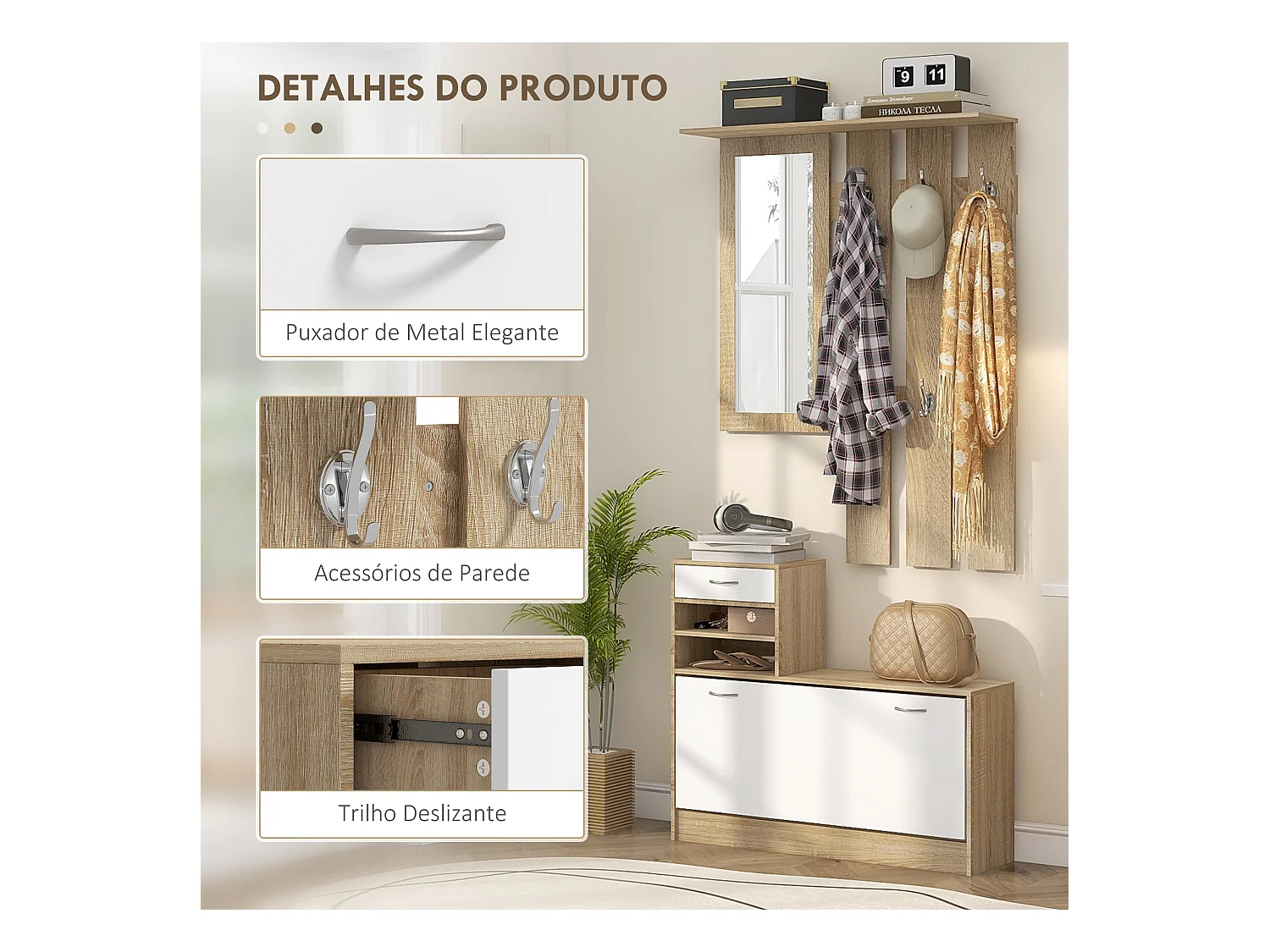 Conjunto Dhyana Branco/Carvalho - Móvel de Entrada com Espelho, Cabide e Sapateira Moderno