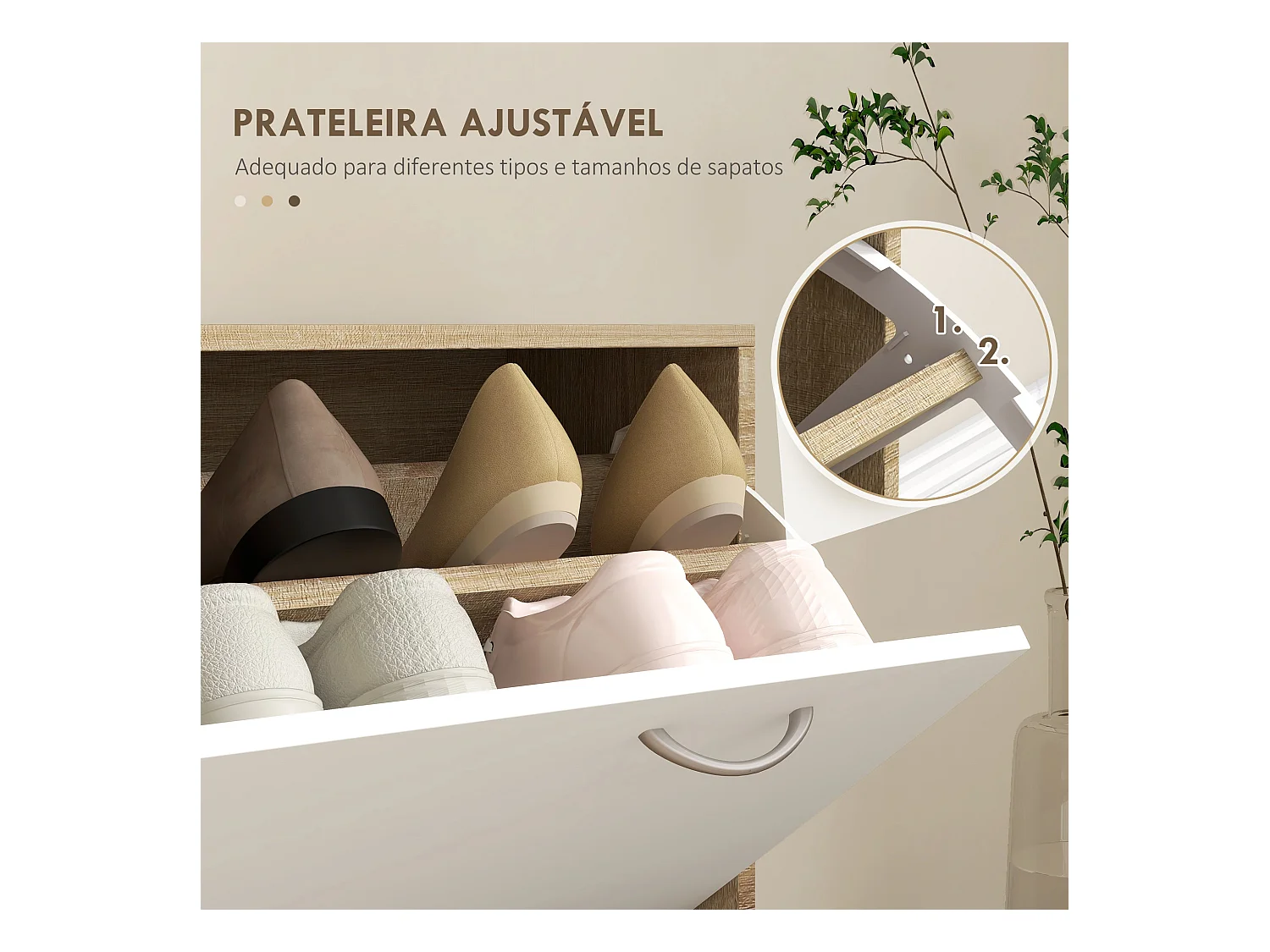 Conjunto Dhyana Branco/Carvalho - Móvel de Entrada com Espelho, Cabide e Sapateira Moderno