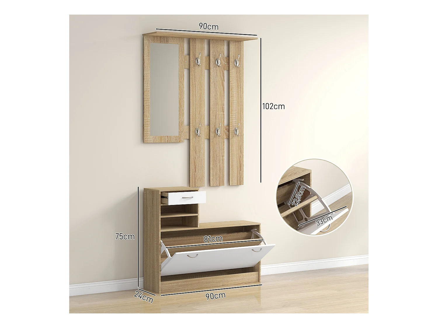 Conjunto Dhyana Branco/Carvalho - Móvel de Entrada com Espelho, Cabide e Sapateira Moderno