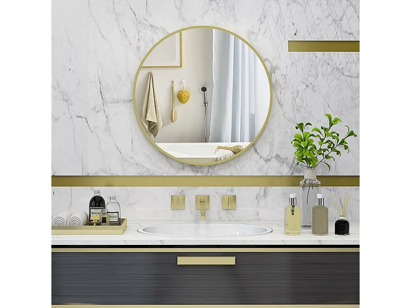 Espelho Redondo de Parede Ø70 cm com Moldura Dourada de Alumínio para Decoração e Funcionalidade