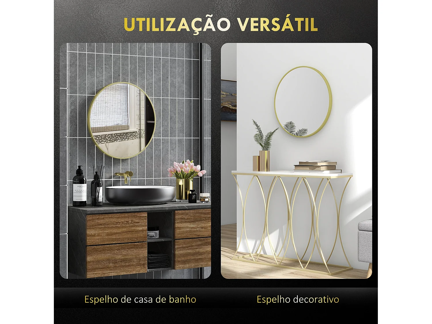 Espelho Redondo de Parede Dourado Ø60 cm com Estrutura de Alumínio para Banheiro e Sala de Estar - Modelo Nancy