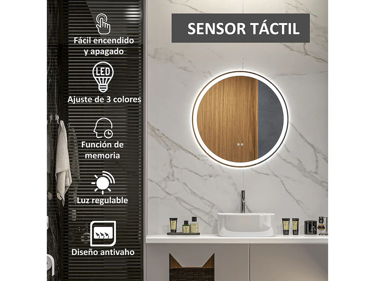 Espelho de Casa de Banho Redondo com Luz LED Ajustável e Função de Memória 60 cm