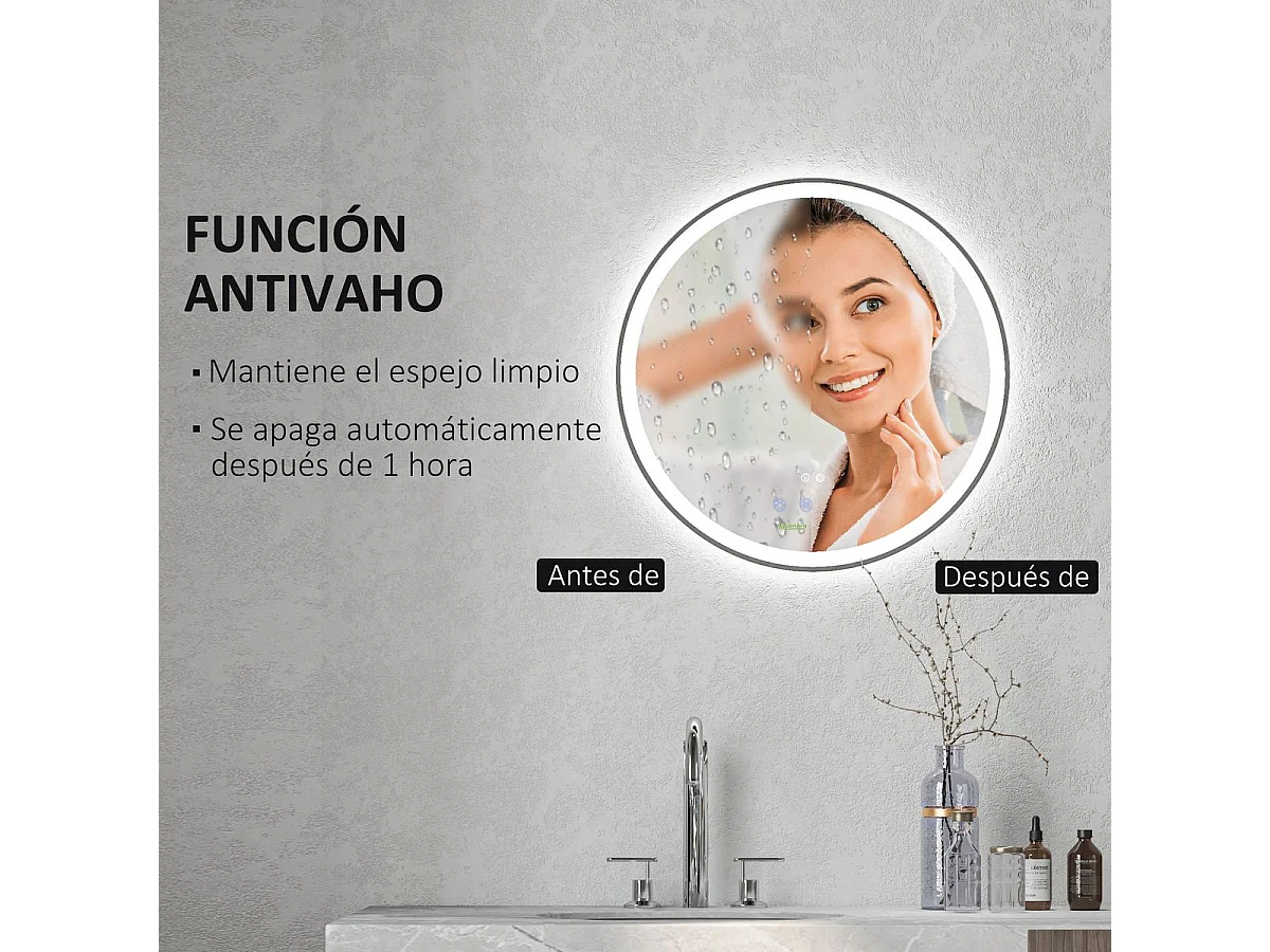 Espejo Córcega Kleankin con luz LED antivaho plata Ø60 cm