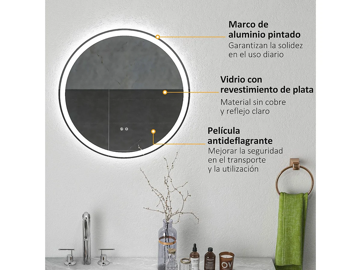 Espejo Córcega Kleankin con luz LED antivaho plata Ø60 cm