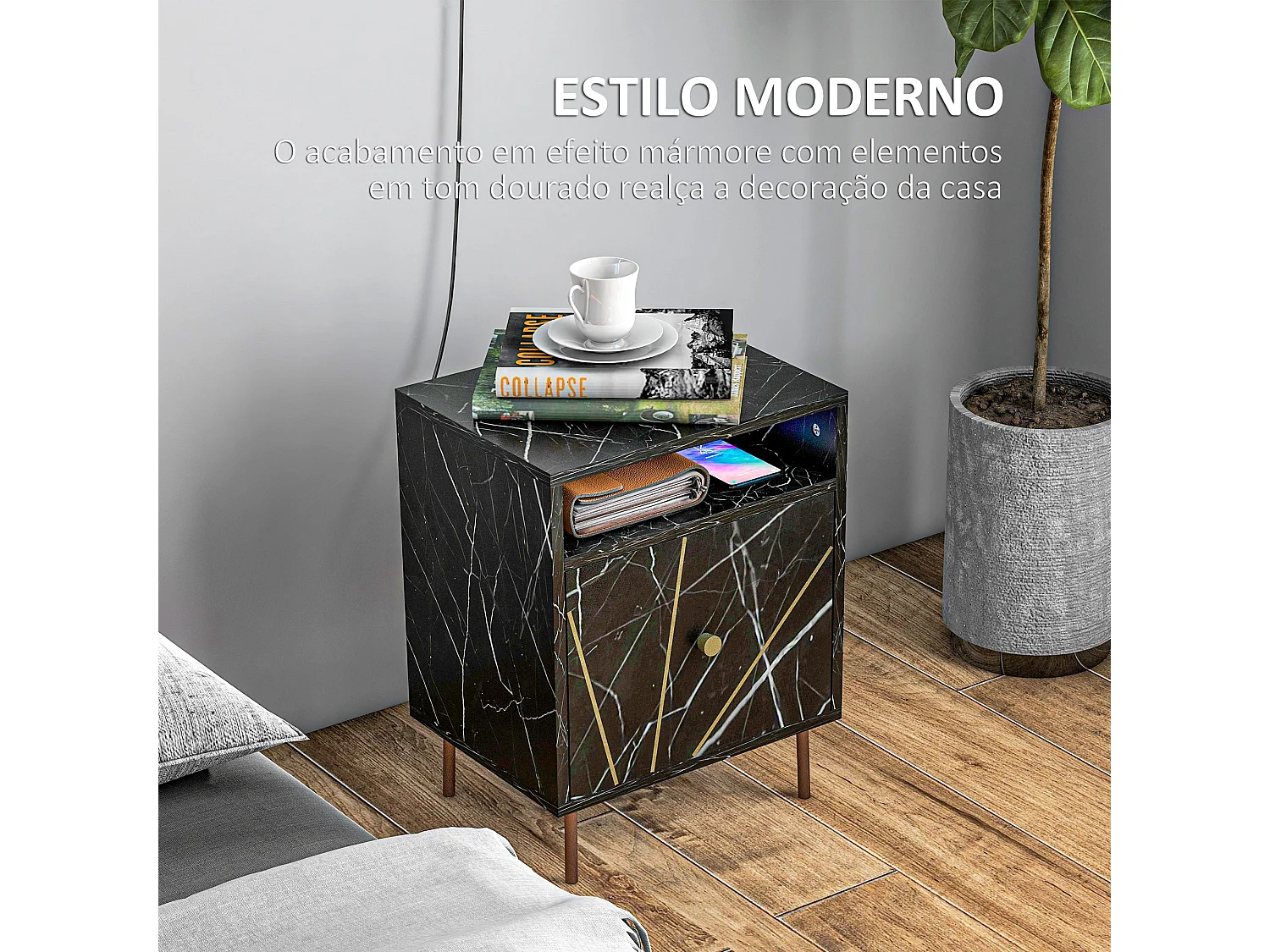 Mesita de noche Ágata Homcom armario + compartimento negro 50x39x30 cm