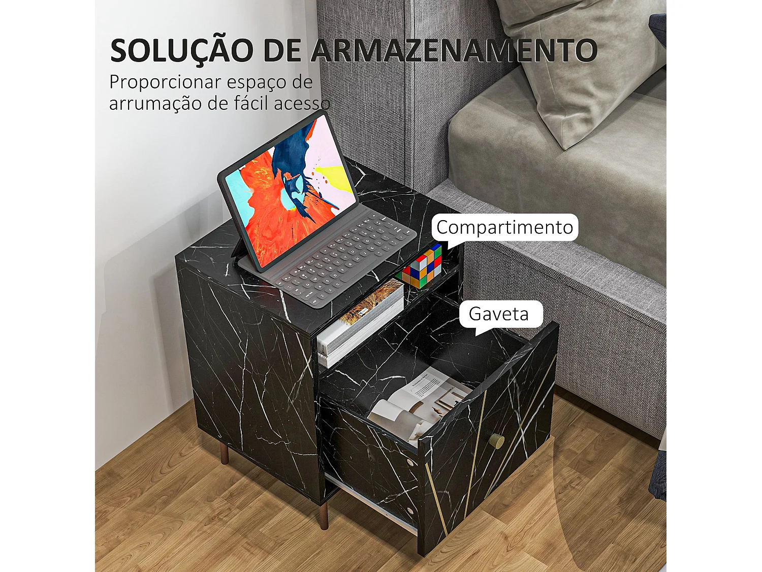 Mesita de noche Ágata Homcom armario + compartimento negro 50x39x30 cm