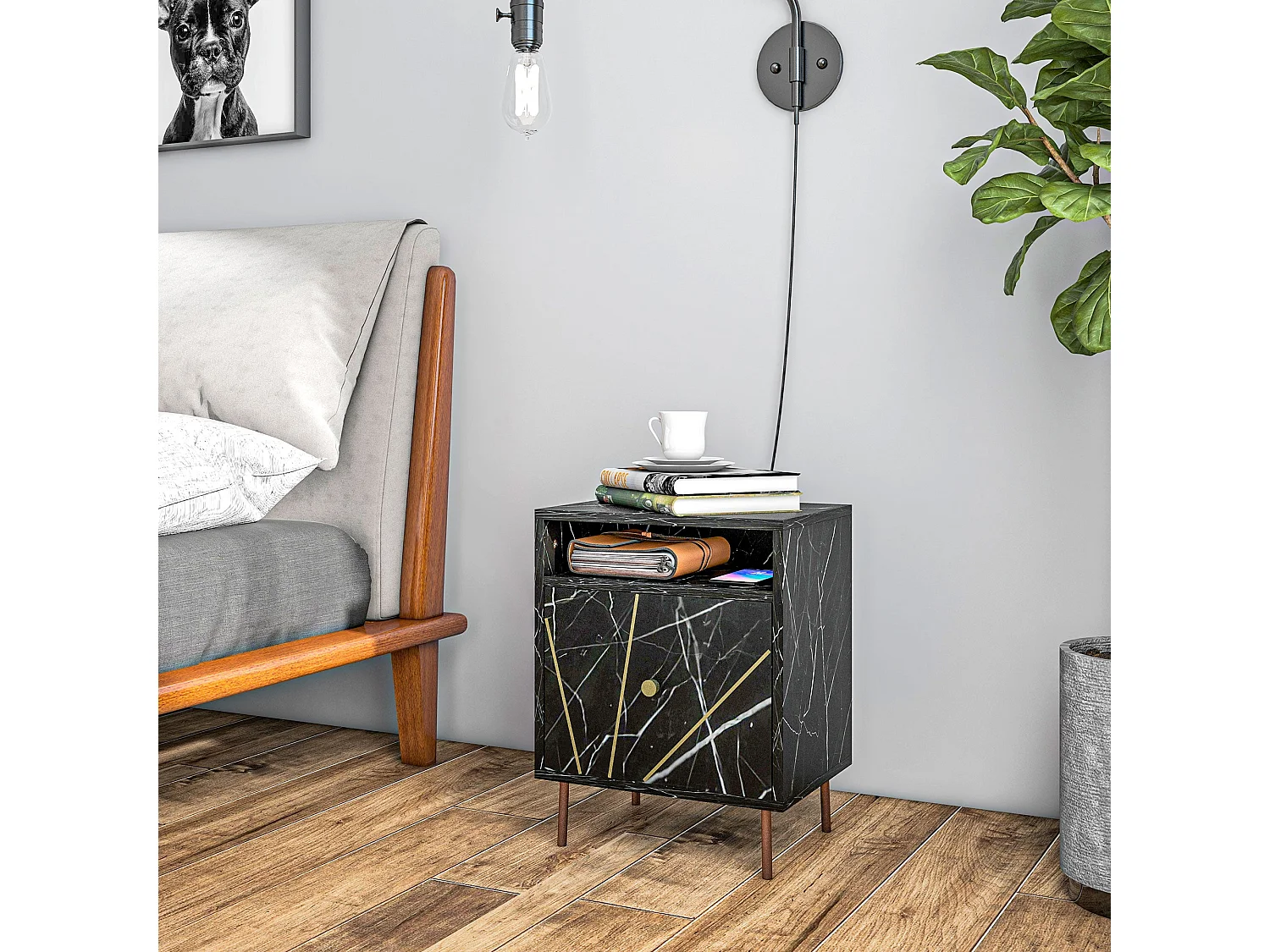 Mesita de noche Ágata Homcom armario + compartimento negro 50x39x30 cm