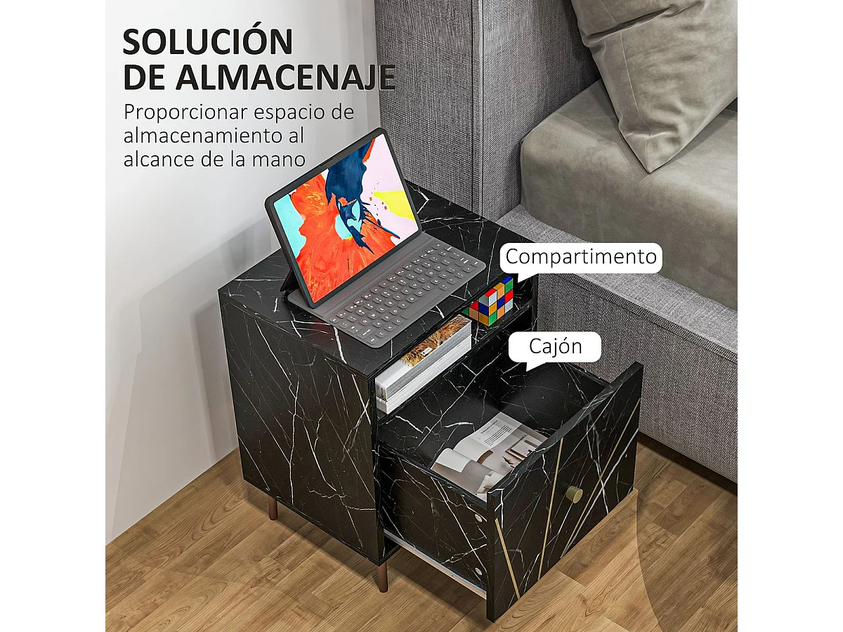 Mesita de noche Ágata Homcom armario + compartimento negro 50x39x30 cm