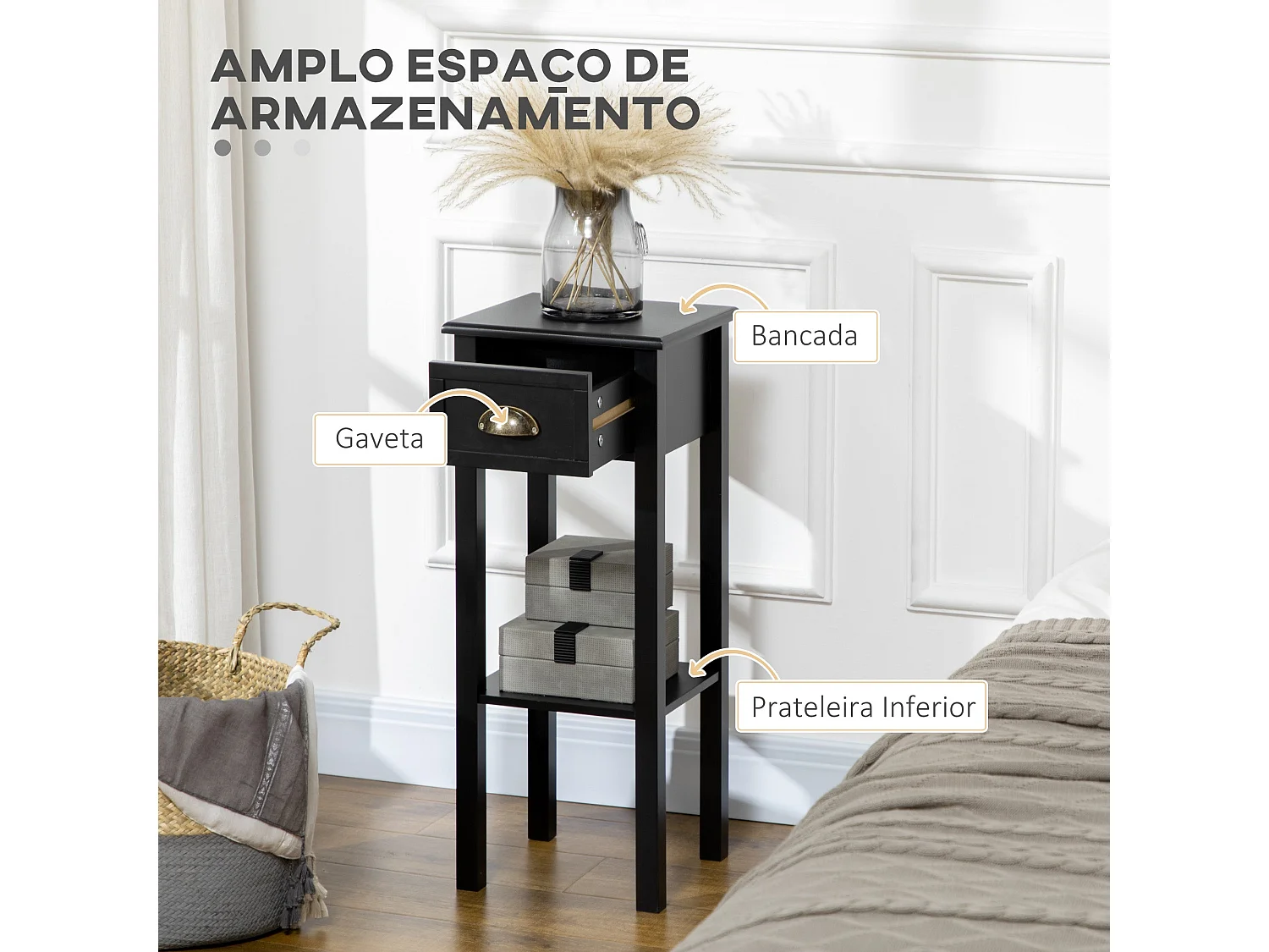 Mesa auxiliar Ronneo Homcom con cajón y estante negro 75x30x30 cm