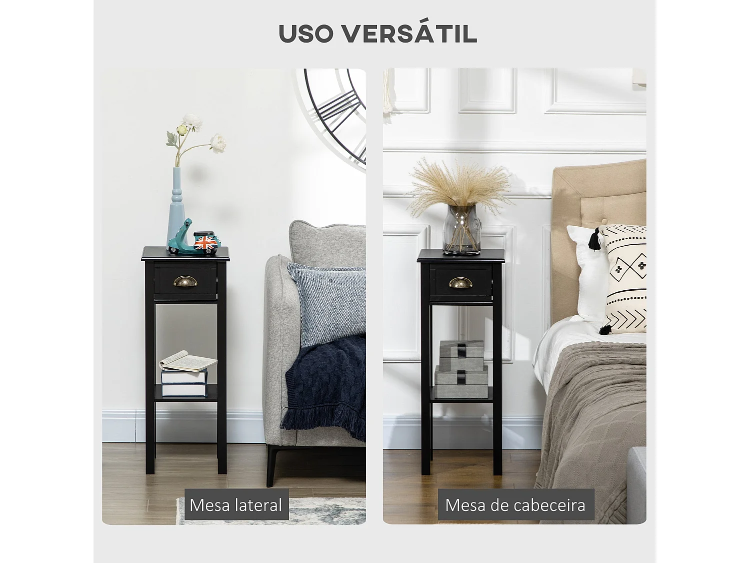 Mesa auxiliar Ronneo Homcom con cajón y estante negro 75x30x30 cm