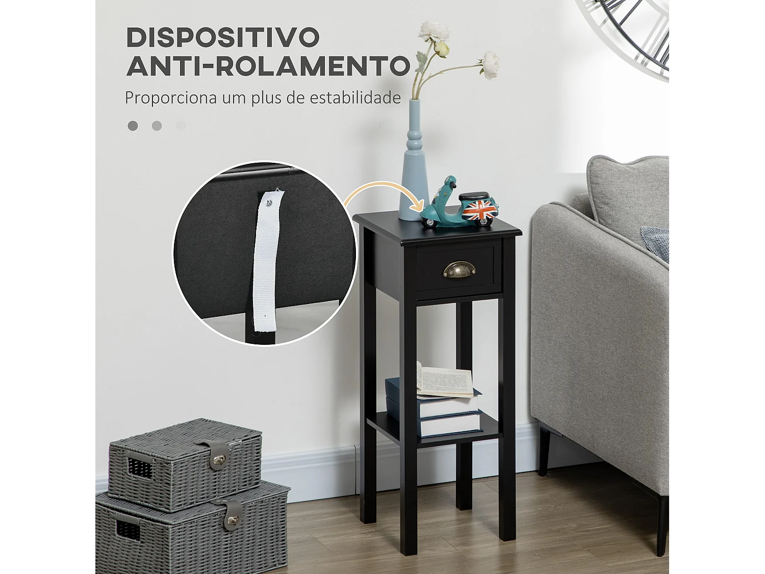 Mesa auxiliar Ronneo Homcom con cajón y estante negro 75x30x30 cm