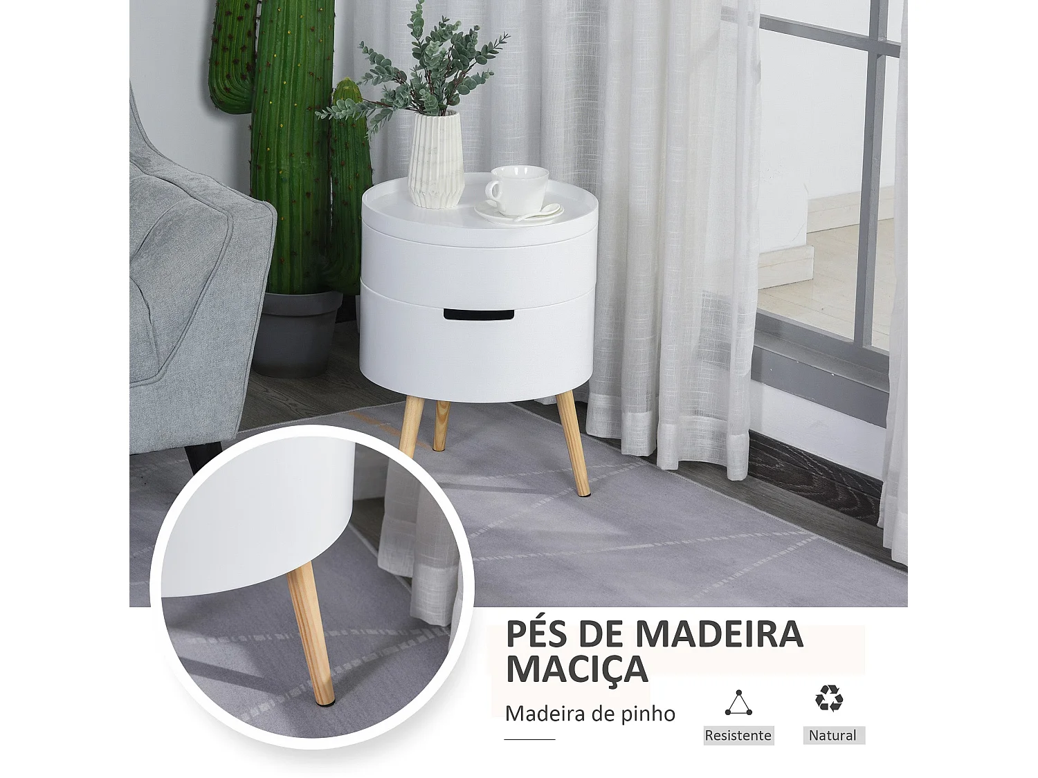Mesa auxiliar Ritual Homcom 2 compartimentos blanco/natural Ø38x48 cm