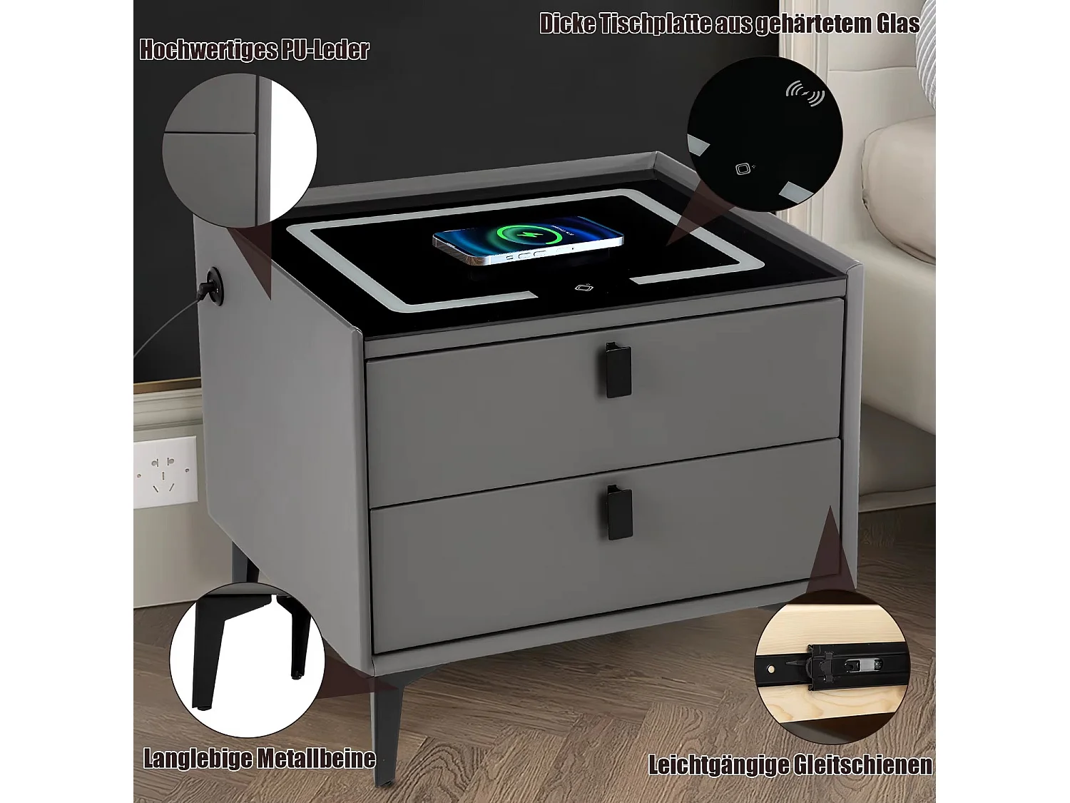 Mesa de Cabeceira Lux Inteligente com Carregador Wireless e Luz LED – Funcionalidade e Estilo Moderno