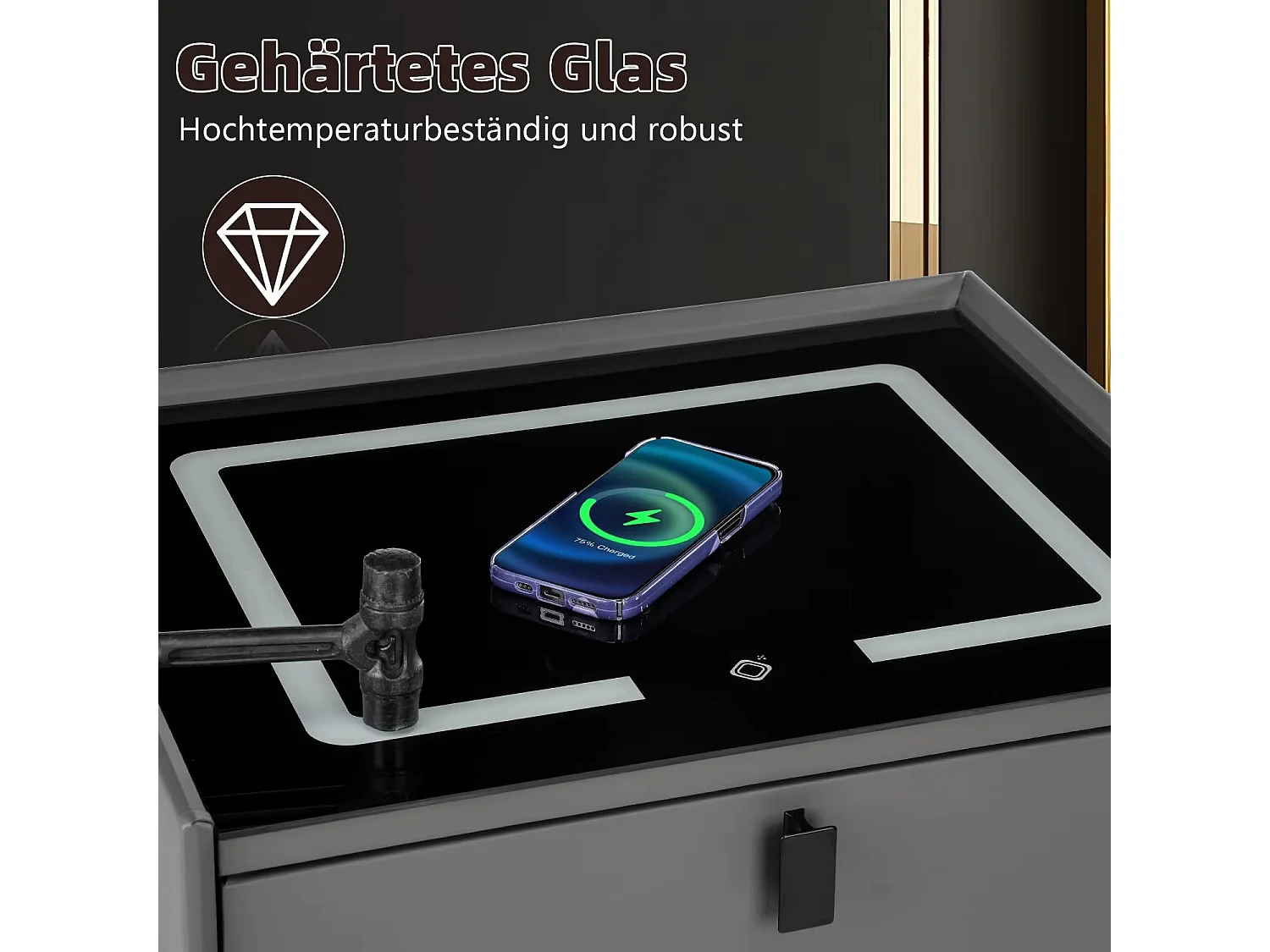 Mesa de Cabeceira Lux Inteligente com Carregador Wireless e Luz LED – Funcionalidade e Estilo Moderno