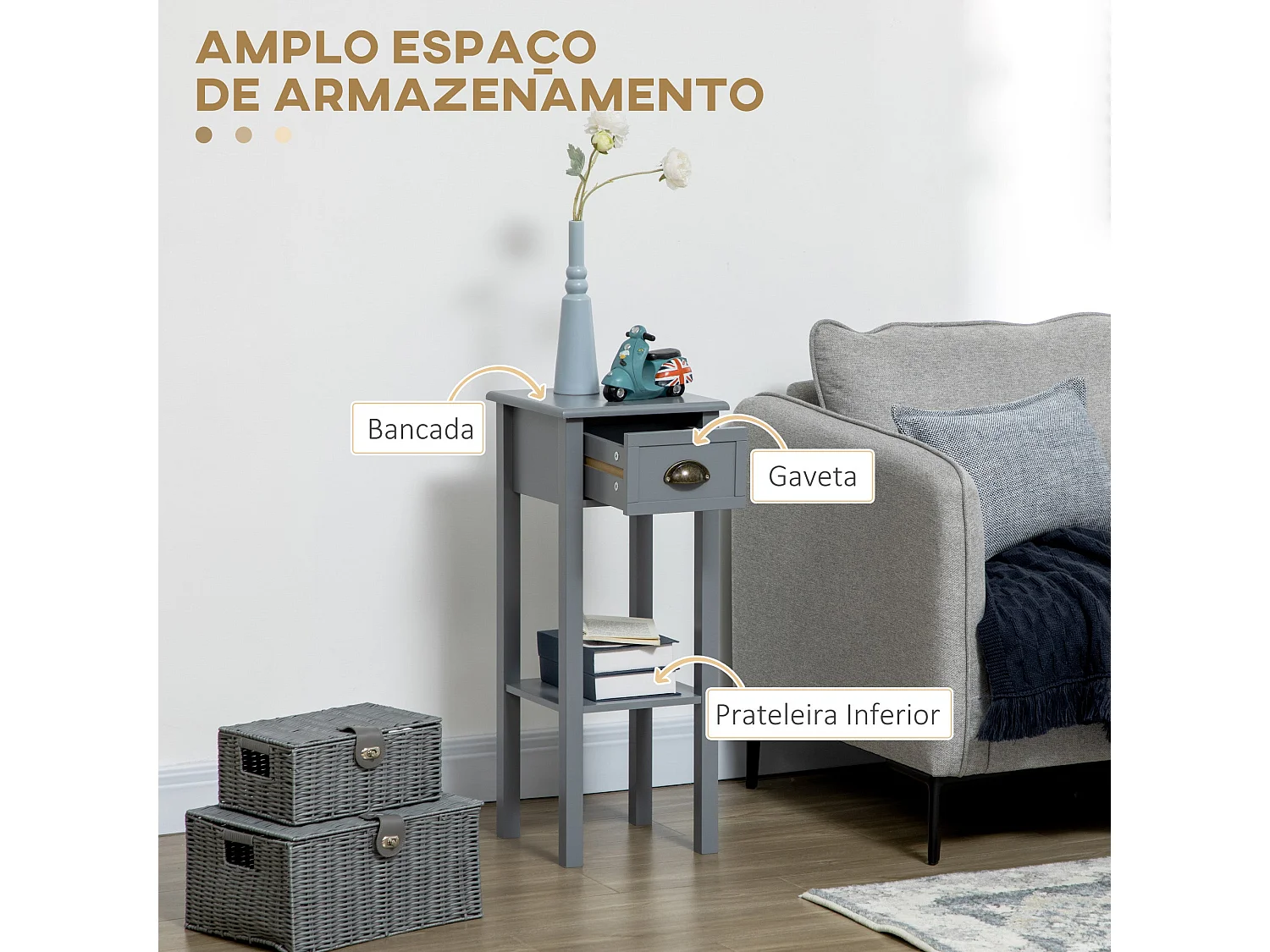 Mesa auxiliar Ronneo Homcom con cajón y estante gris 75x30x30 cm