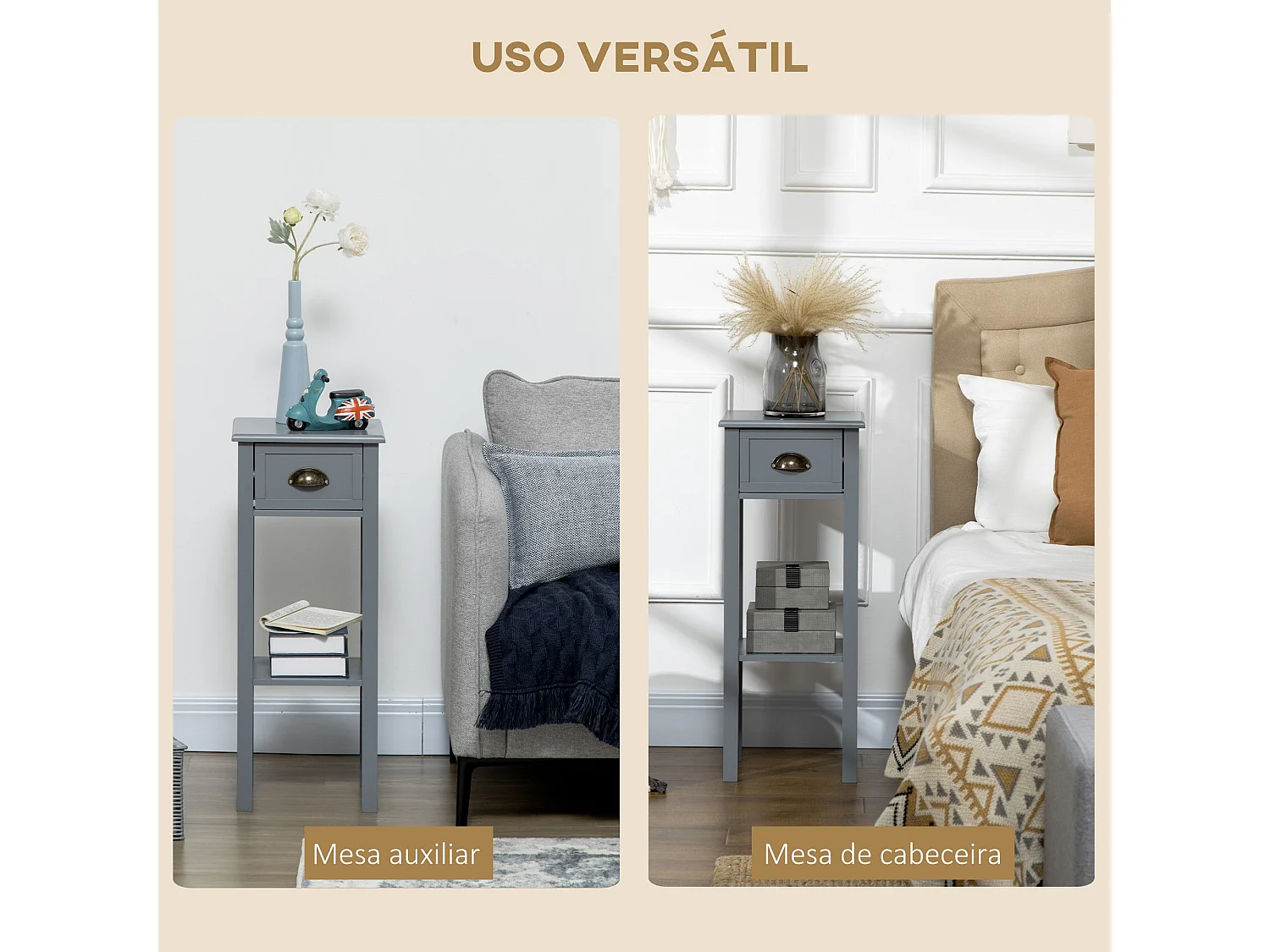 Mesa auxiliar Ronneo Homcom con cajón y estante gris 75x30x30 cm