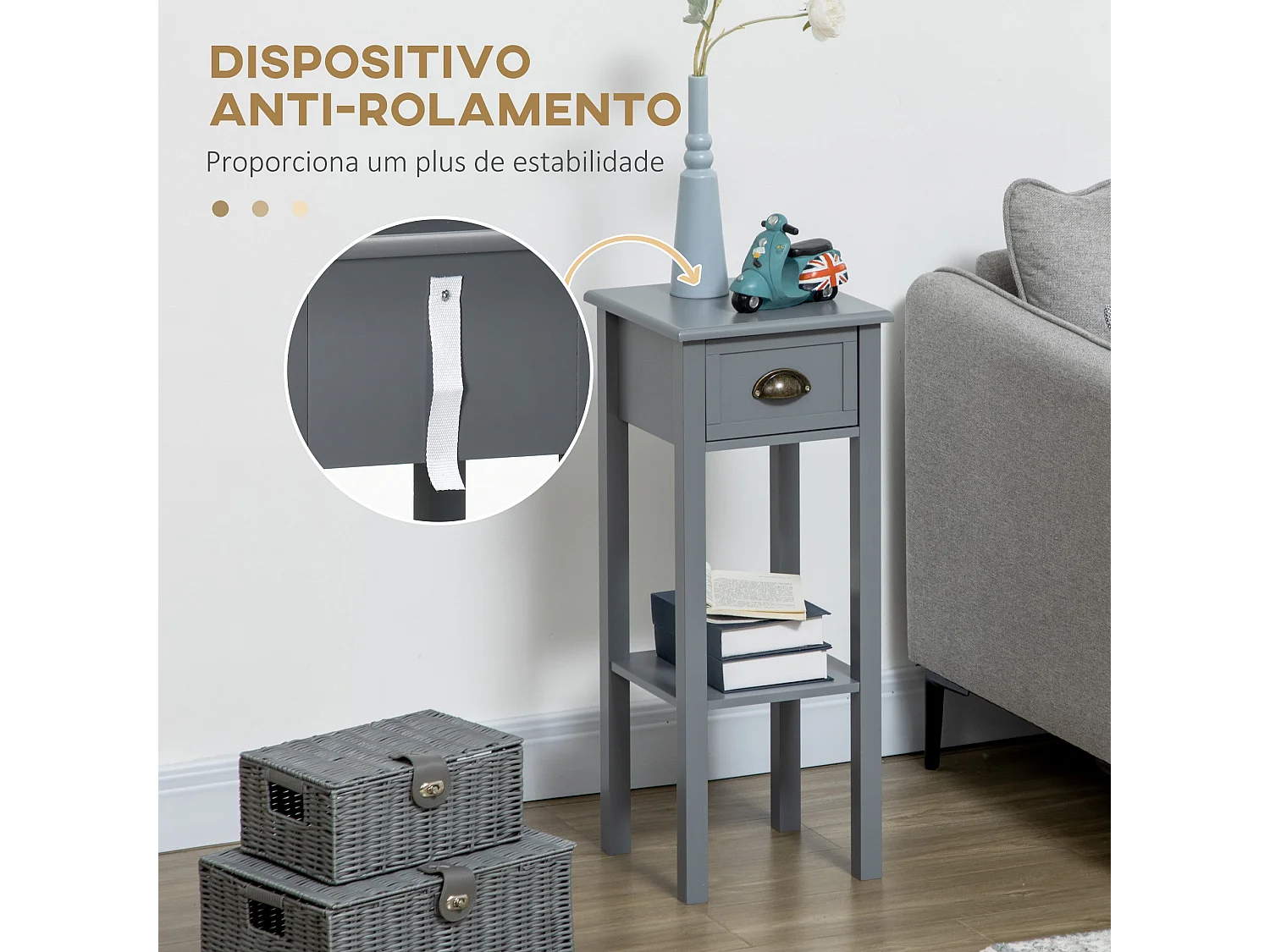 Mesa auxiliar Ronneo Homcom con cajón y estante gris 75x30x30 cm