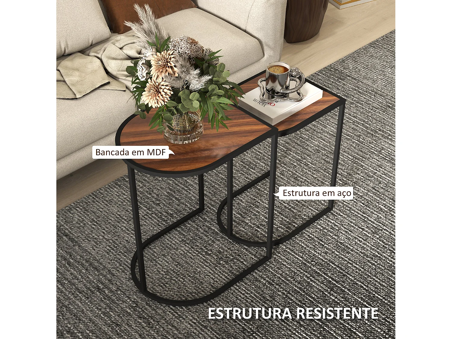 Conjunto de 2 Mesas Auxiliares para Sala de Estar com Estrutura de Aço em Estilo Rústico Ålesund