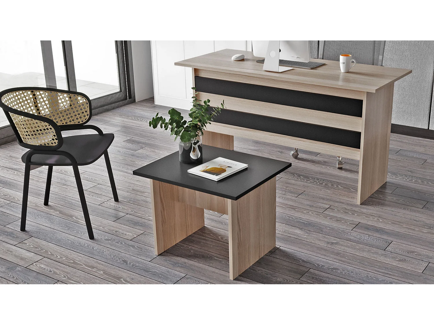 Mesa de Centro Moderna Vo2-Ob em Carvalho e Preto