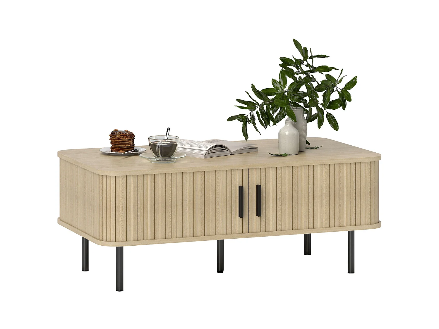 Mesa de centro Lágrima Homcom 2 puertas de persiana roble 40x100x55 cm