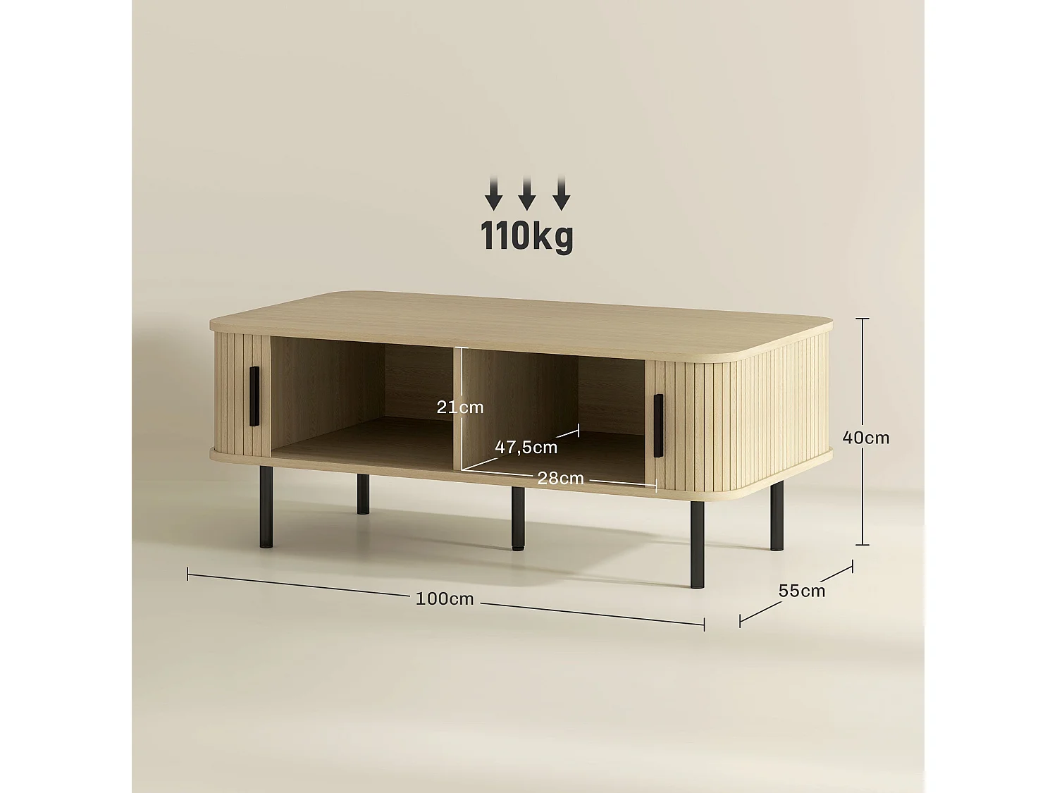 Mesa de Centro Uppsala em Carvalho com 2 Compartimentos e Portas de Correr para Sala de Estar e Quarto