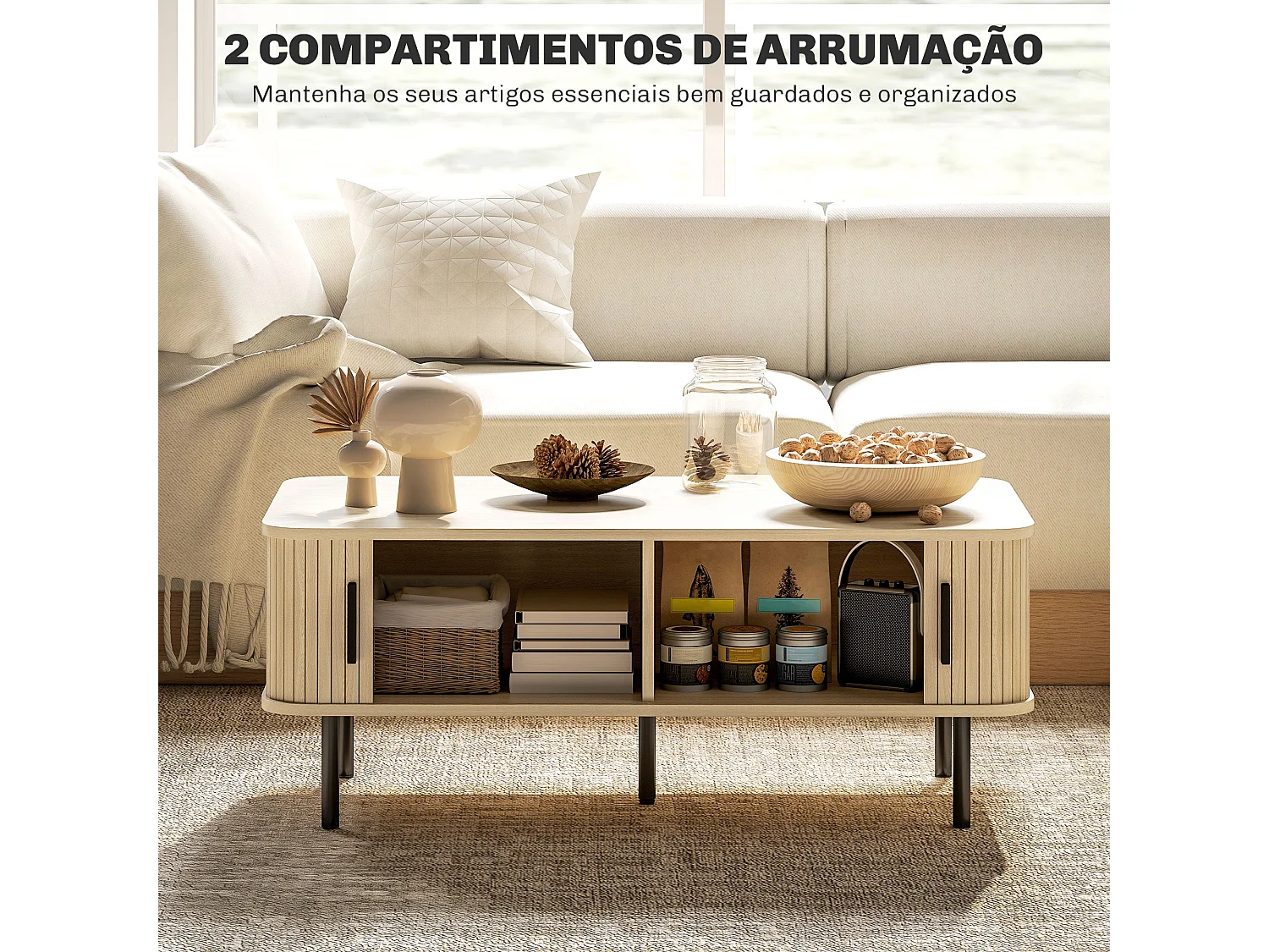 Mesa de Centro Uppsala em Carvalho com 2 Compartimentos e Portas de Correr para Sala de Estar e Quarto