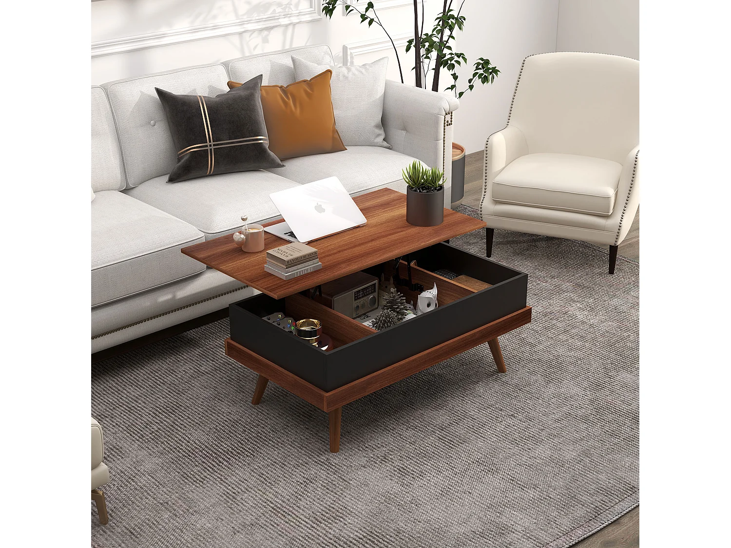 Mesa de Centro Elevatória Table Basse Noire - Design Moderno e Funcional em Castanho e Preto