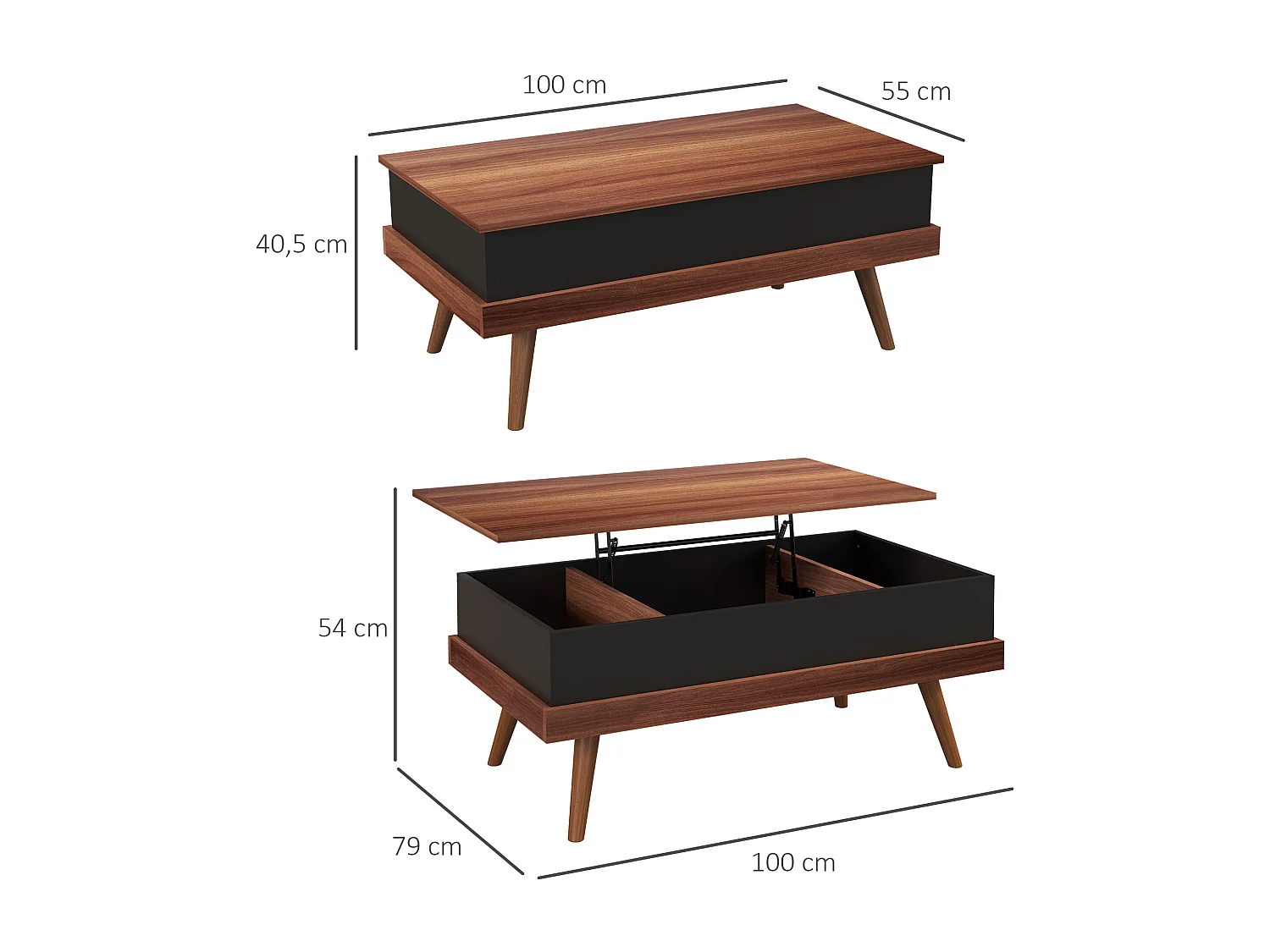 Mesa de Centro Elevatória Table Basse Noire - Design Moderno e Funcional em Castanho e Preto
