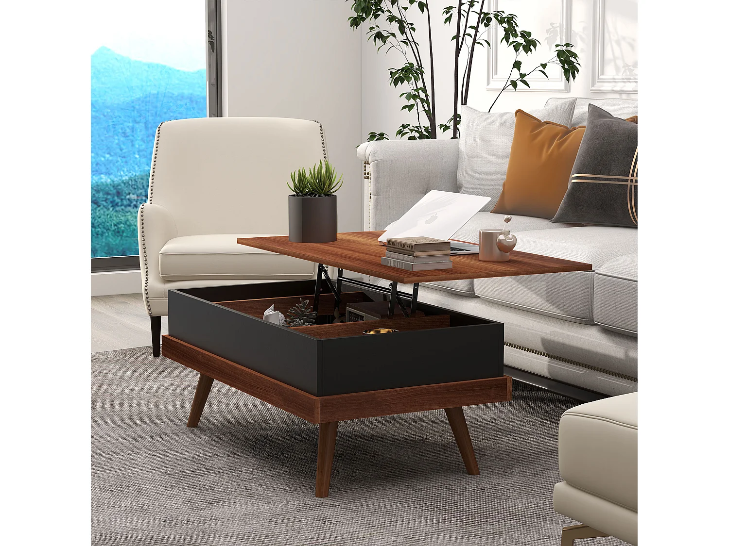Mesa de Centro Elevatória Table Basse Noire - Design Moderno e Funcional em Castanho e Preto