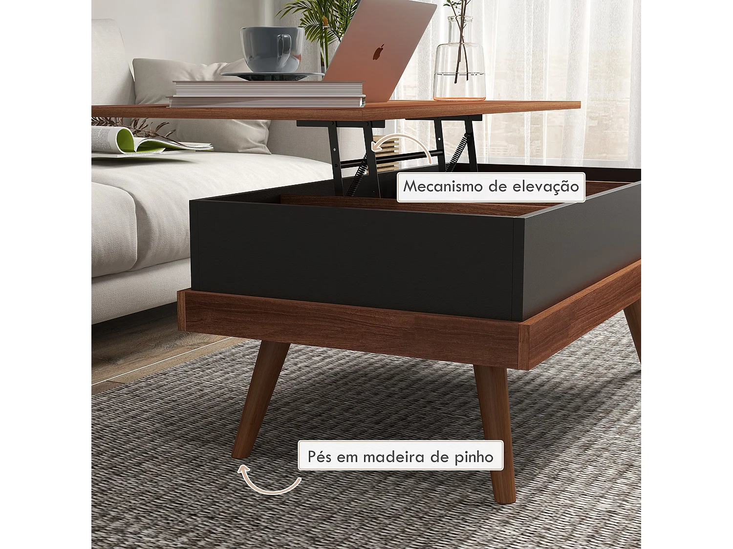 Mesa de Centro Elevatória Table Basse Noire - Design Moderno e Funcional em Castanho e Preto