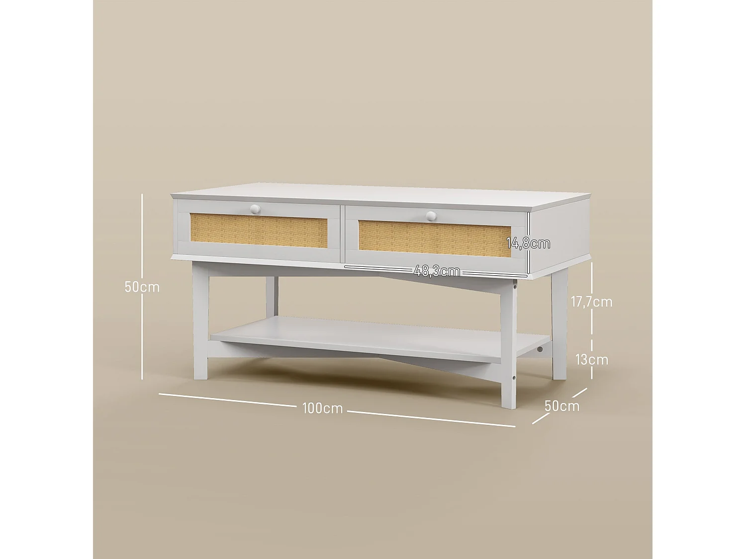 Mesa de centro Hibba Homcom 2 cajones + estante blanco 50x100x50 cm