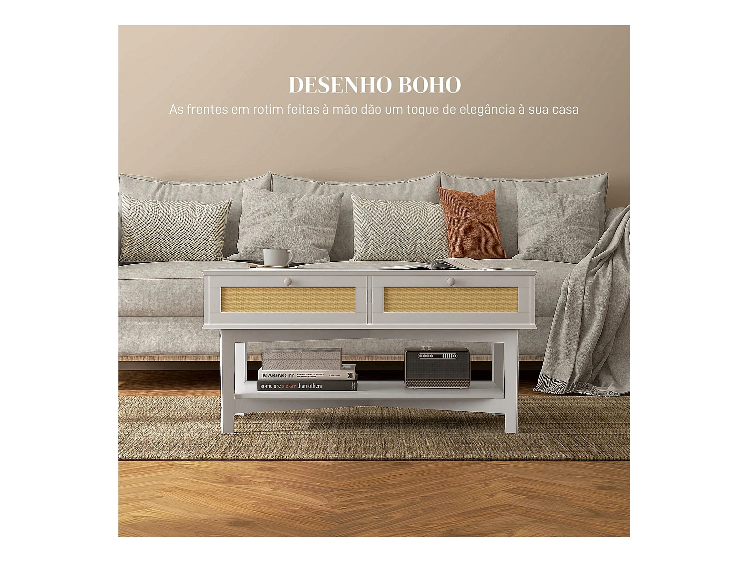 Mesa de centro Hibba Homcom 2 cajones + estante blanco 50x100x50 cm