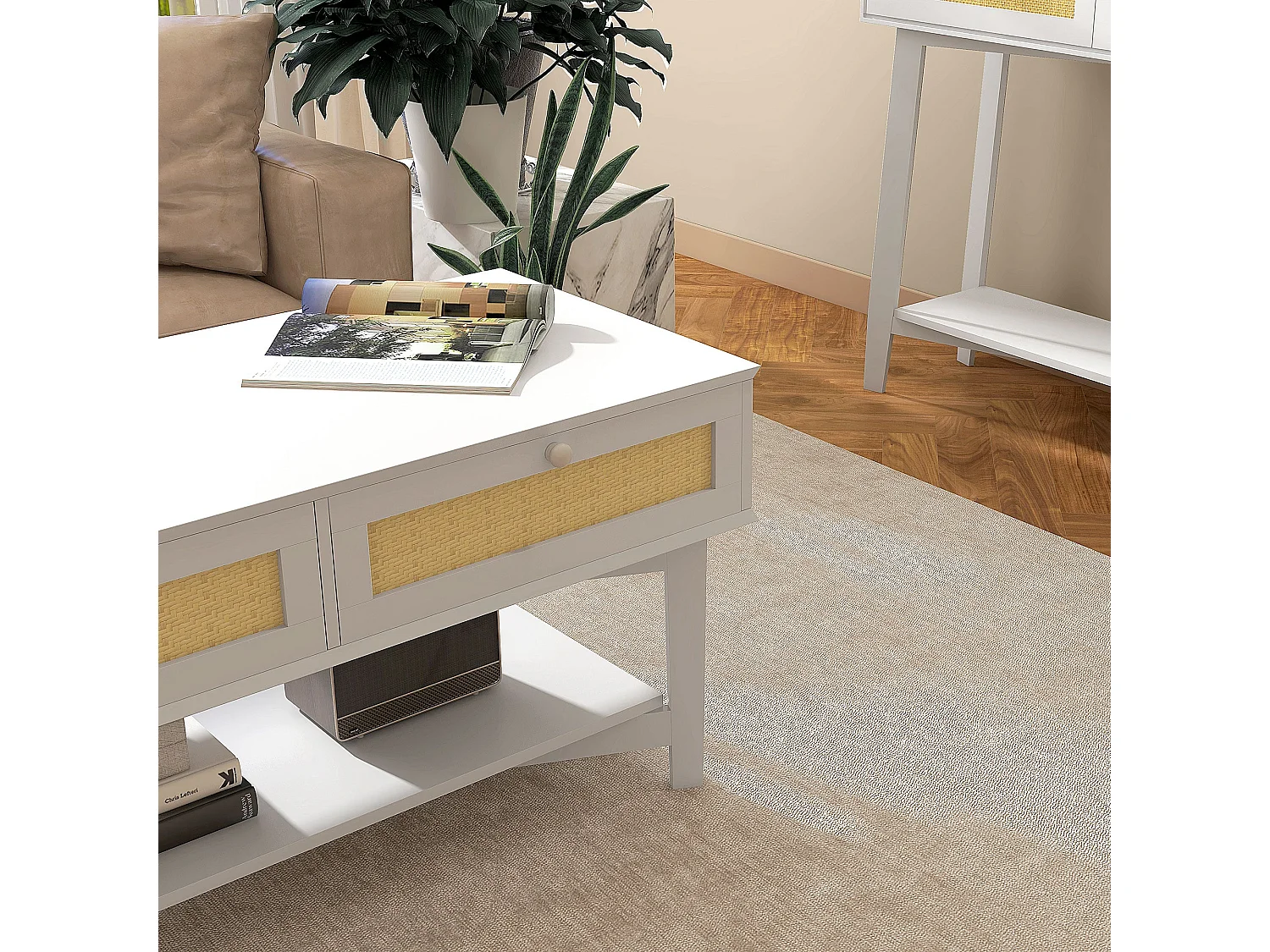 Mesa de centro Hibba Homcom 2 cajones + estante blanco 50x100x50 cm