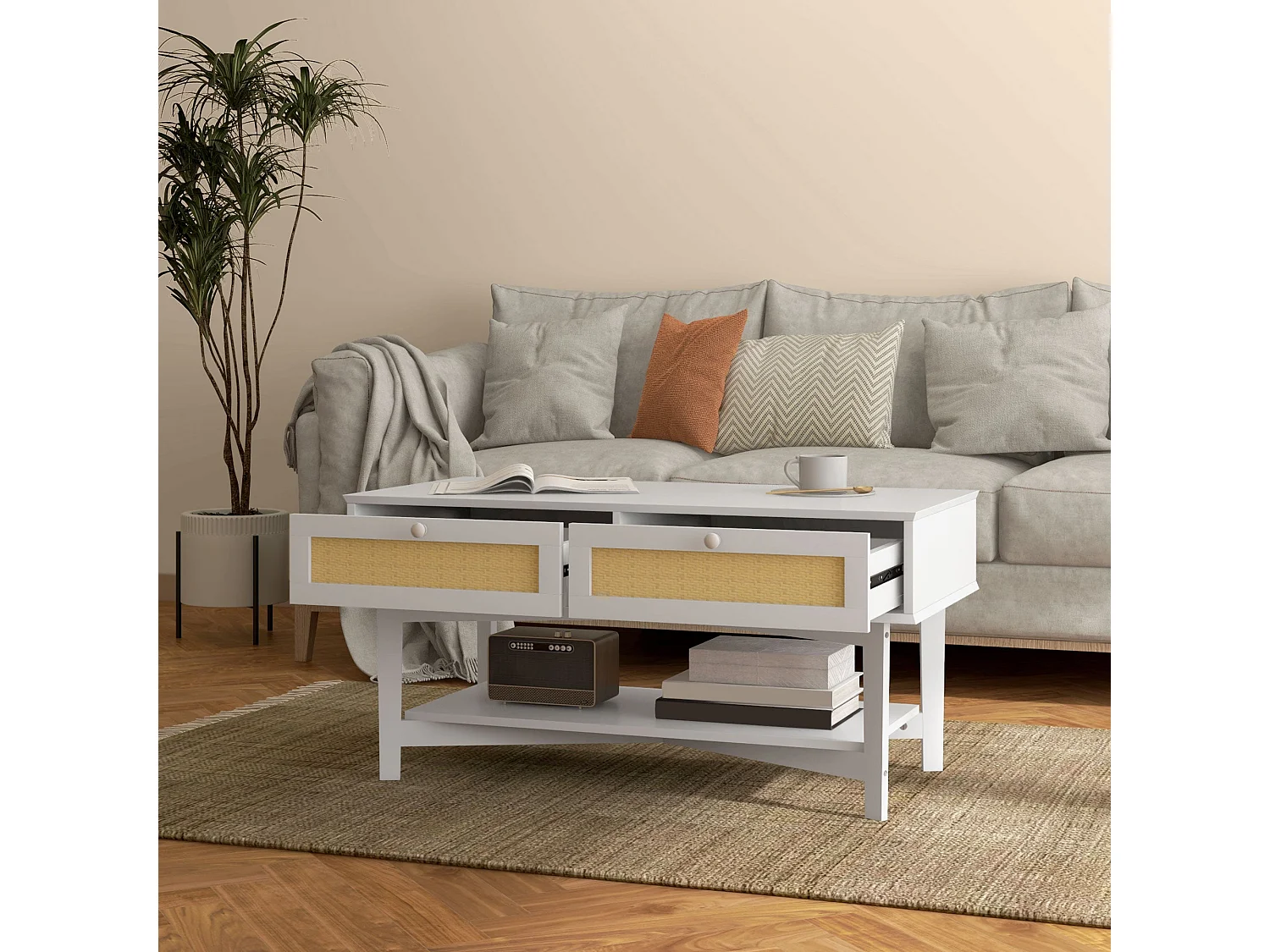 Mesa de centro Hibba Homcom 2 cajones + estante blanco 50x100x50 cm