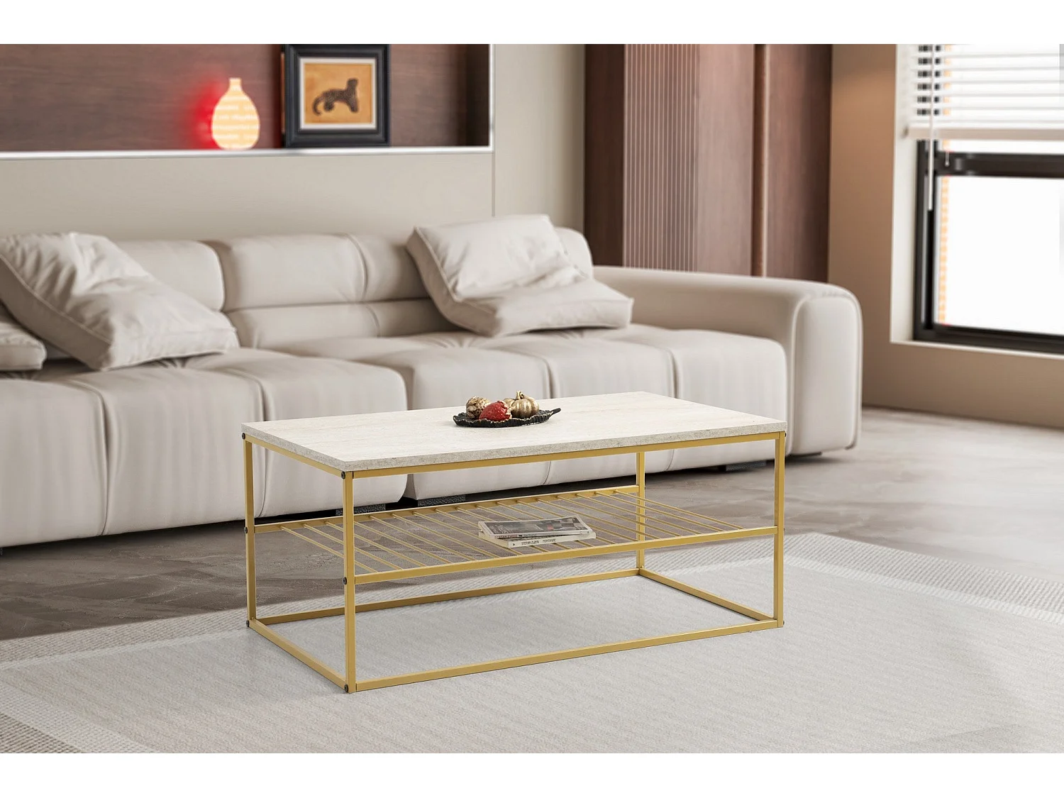 Mesa de Centro Asude – Elegância em Mármore e Ouro para sua Sala de Estar