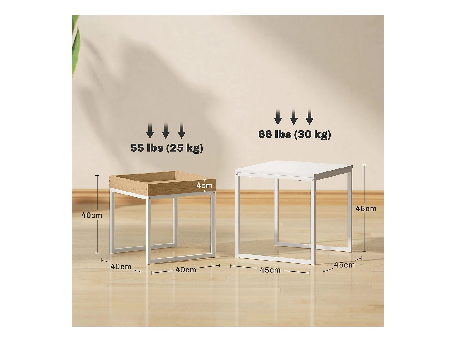 Conjunto de 2 Mesas Auxiliares Modernas para Sala de Estar em Branco e Carvalho