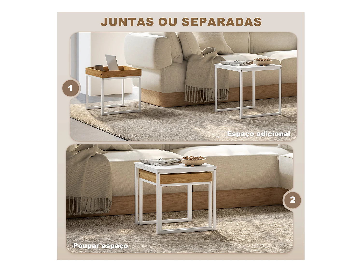 Conjunto de 2 Mesas Auxiliares Modernas para Sala de Estar em Branco e Carvalho