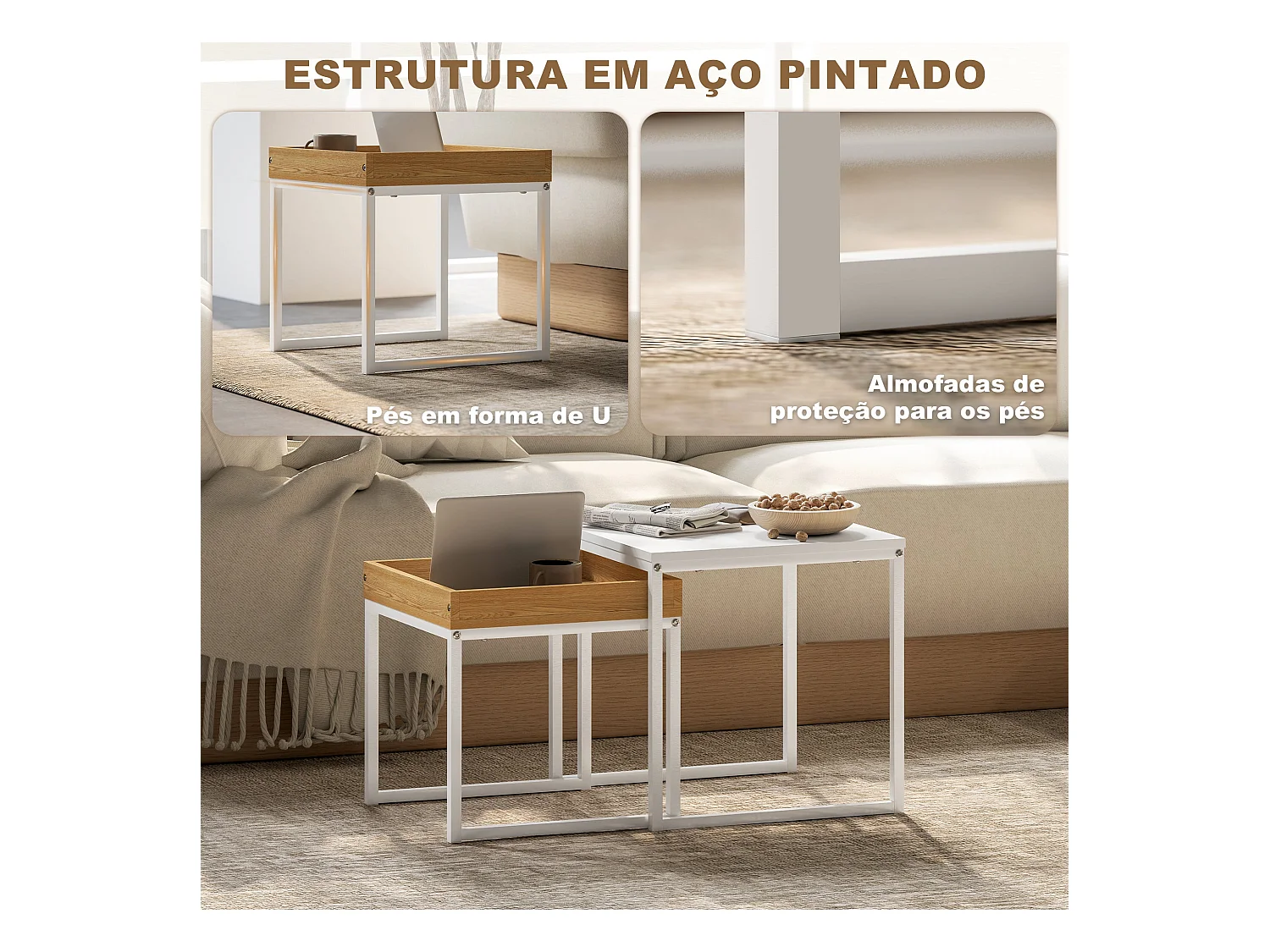 Conjunto de 2 Mesas Auxiliares Modernas para Sala de Estar em Branco e Carvalho