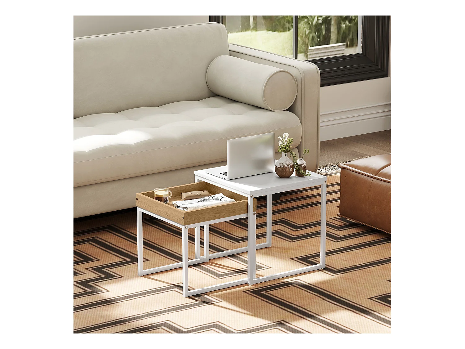 Conjunto de 2 Mesas Auxiliares Modernas para Sala de Estar em Branco e Carvalho