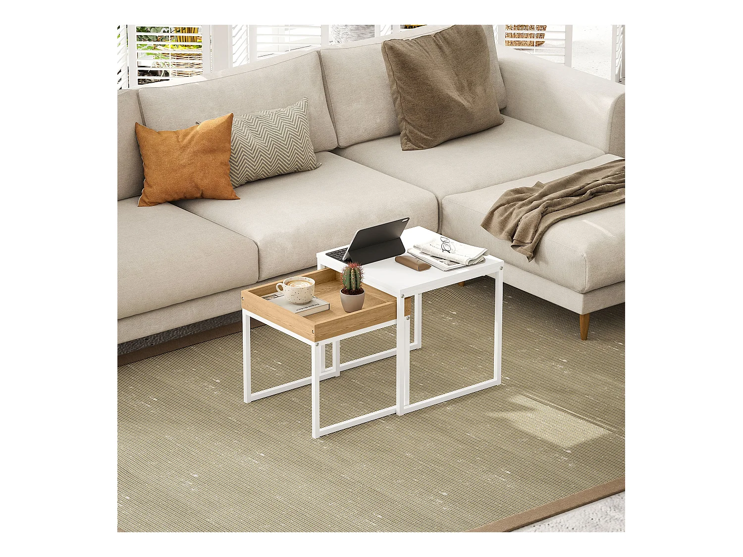 Conjunto de 2 Mesas Auxiliares Modernas para Sala de Estar em Branco e Carvalho