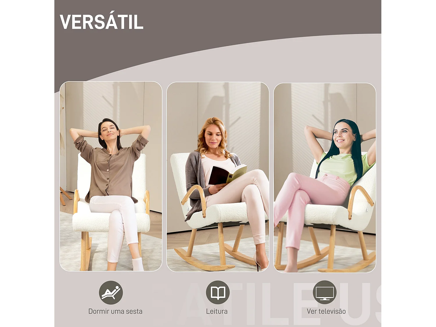 Poltrona Baloiço Moderna Estofada em Lã com Apoios e Design Elegante para Sala de Estar e Dormitório