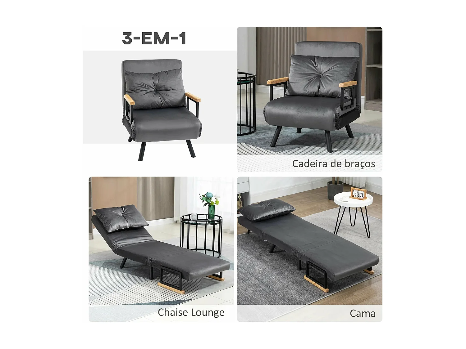 Poltrona-Cama Lopez Cinza com Encosto Ajustável e Design Moderno para Conforto e Estilo
