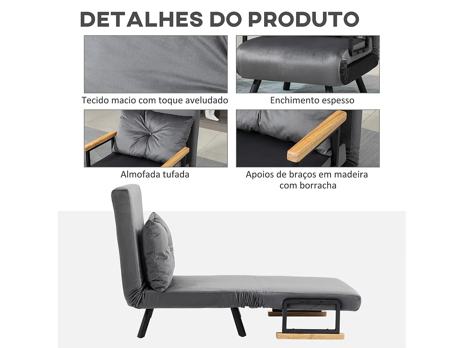 Poltrona-Cama Lopez Cinza com Encosto Ajustável e Design Moderno para Conforto e Estilo