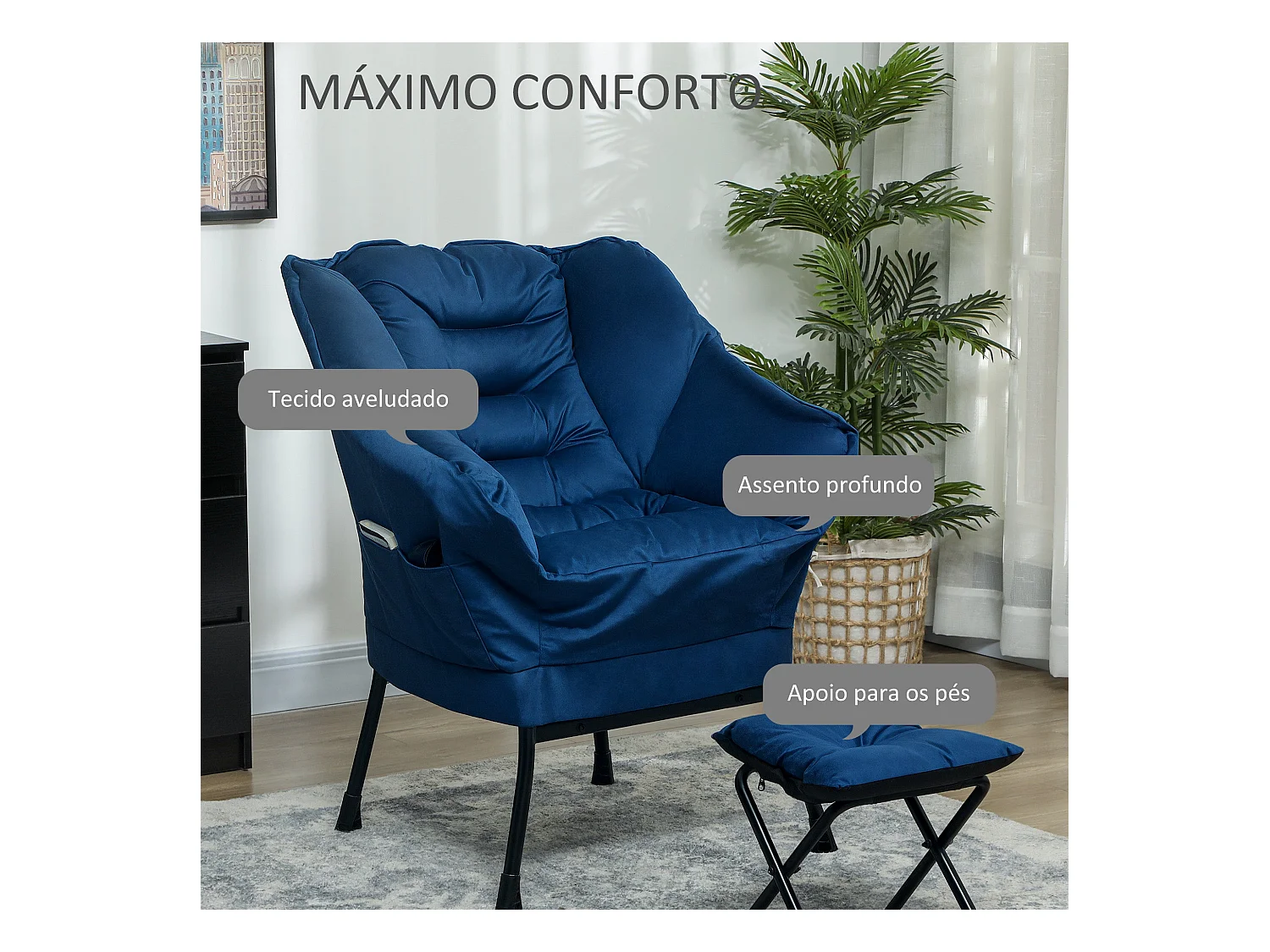 Butaca Nube Homcom con reposapiés azul 100x80x78 cm