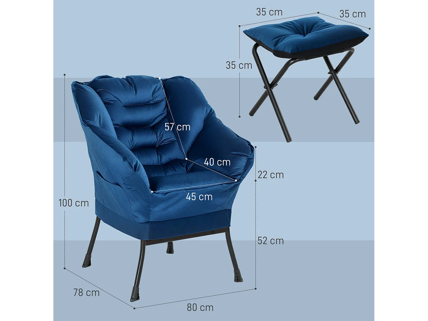 Butaca Nube Homcom con reposapiés azul 100x80x78 cm