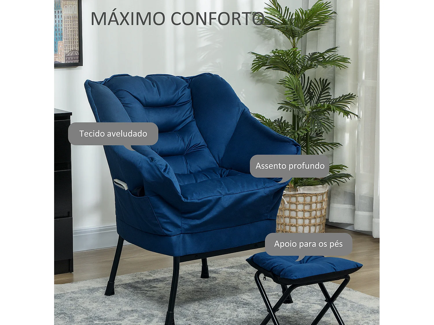 Butaca Nube Homcom con reposapiés azul 100x80x78 cm