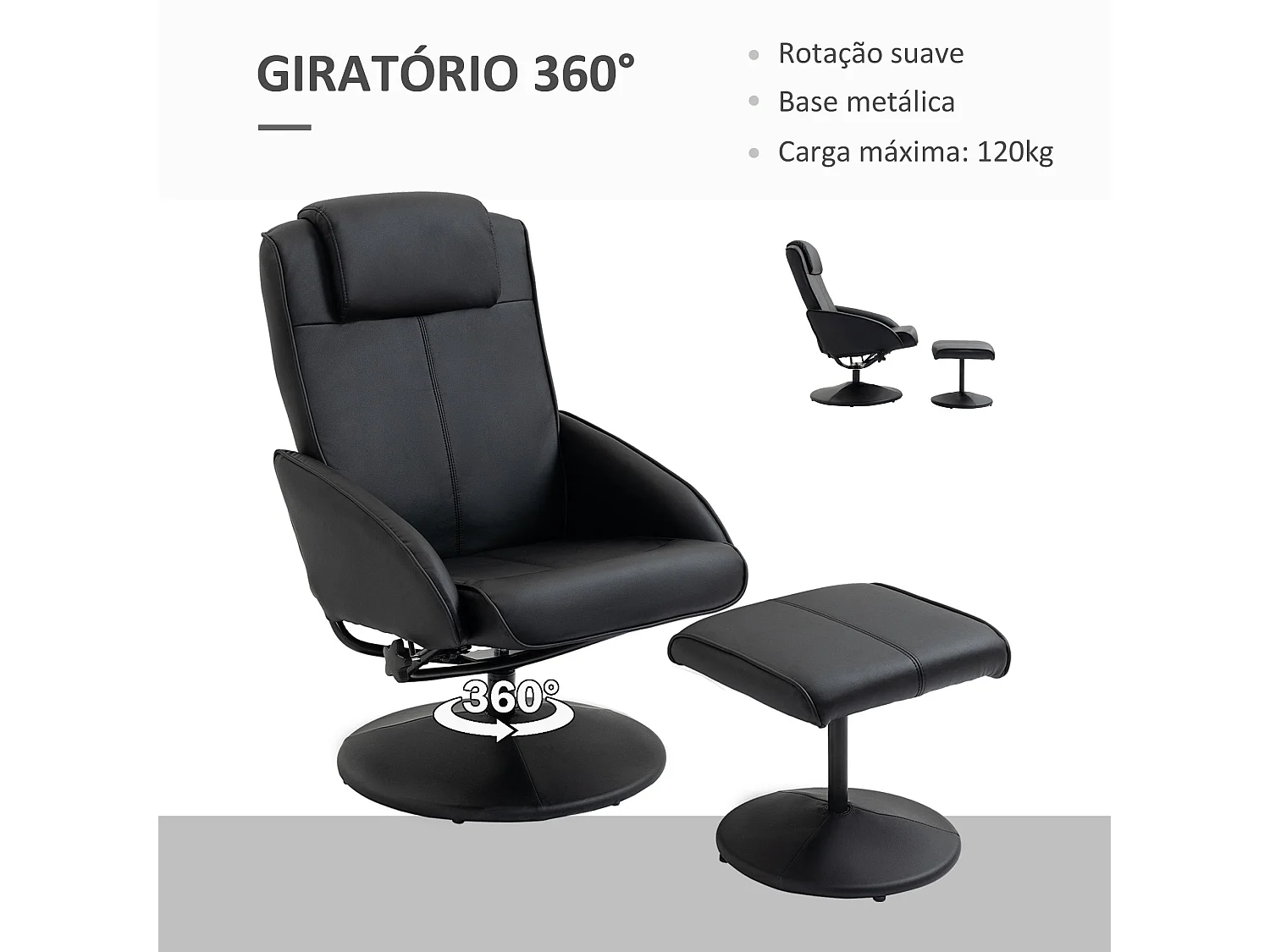 Poltrona Relax Reclinável 145° com Apoio para os Pés e Giro 360° - Estofada em PU e Estrutura de Aço - Modelo Nancy